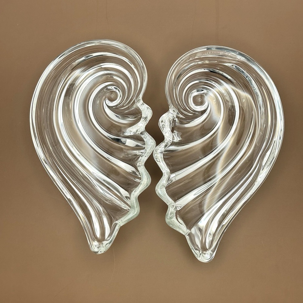 Clear Glass 2-Piece Split Heart Dish Ribbed Trinket Serving Bowl Set